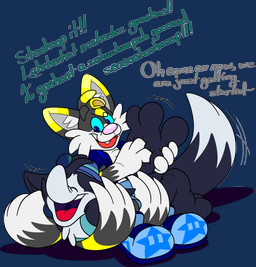 anthro big_feet clothing duo feet foot_fetish footwear hat headgear headwear laugh male male/male open_mouth paws red_tongue shoes spread_toes tickle_fetish tickling tickling_feet toes tongue toony uvula marquis2007 foley_(tamerkoh) ken_(kennekomata) canid canine fox mammal absurd_res alpha_channel hi_res