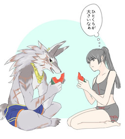 anthro black_nose countershading duo eating female food fruit fur green_eyes melon plant text watermelon kaineko_h lifewonders tokyo_afterschool_summoners female_protagonist_(tas) protagonist_(tas) seth_(tas) canid canine canis human jackal mammal japanese_text