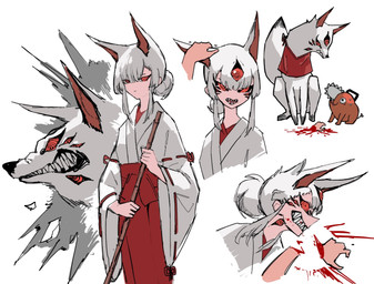 asian_clothing bite blood bodily_fluids chainsaw clothing east_asian_clothing female fur hair headpat human_and_animal_ears japanese_clothing miko_outfit multi_ear multi_eye petting power_tool red_eyes scarf sharp_teeth simple_background solo teeth tools white_background white_body white_fur white_hair nekomachiq chainsaw_man fox_devil_(chainsaw_man) pochita_(chainsaw_man) animal_humanoid canid canid_humanoid canine canine_humanoid demon fox fox_humanoid humanoid mammal mammal_humanoid digital_media_(artwork) hi_res