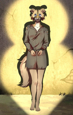 5_fingers 5_toes anthro barefoot blue_eyes claws clothed clothing cuff_(restraint) dirty feet female fingers fur grey_body grey_fur handcuffed handcuffs humanoid_feet humanoid_hands metal_cuffs muzzle_(object) muzzled nails peril plantigrade restraints shirt solo standing toe_claws toes topwear torn_clothing torn_shirt torn_topwear wire_basket_muzzle tommysamash beastars juno_(beastars) canid canine canis mammal wolf 2022 hi_res story story_in_description