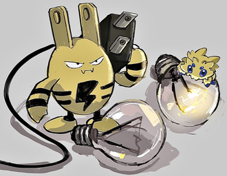 4_eyes ambiguous_gender anthro blue_eyes claws duo fangs feral holding_object light_bulb micro multi_eye plug teeth yellow_body 1south3927 nintendo pokemon arachnid arthropod elekid generation_2_pokemon generation_5_pokemon joltik pokemon_(species) 2021 hi_res