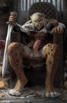 2021 4_toes 5_fingers adobe_photoshop_(artwork) anthro armor balls biped black_claws black_eyebrows black_nose black_spots blonde_hair blue_eyes bodily_fluids bottomless cheetah chunie claws clothed clothing countershade_balls countershade_face countershade_feet countershade_genitalia countershade_legs countershading crotch_tuft detailed_background digital_media_(artwork) digital_painting_(artwork) digitigrade dripping erection eyebrows fangs feet felid feline finger_claws fingers foreskin frenulum full-length_portrait fur genital_fluids genitals glans glistening glistening_claws glistening_genitalia glistening_glans glistening_nose glistening_penis hair hi_res holding_melee_weapon holding_object holding_sword holding_weapon humanoid_genitalia humanoid_penis inner_ear_fluff inside looking_at_viewer male mammal markings melee_weapon orange_body orange_fur penis portrait precum precum_drip retracted_foreskin shaded signature sitting smile smirgel soft_shading solo spots spotted_body spotted_ears spotted_fur spotted_legs spotted_markings spotted_tail spread_legs spreading sword tail tail_around_neck tail_markings teeth toe_claws toes tuft viking weapon white_body white_countershading white_fur white_inner_ear_fluff