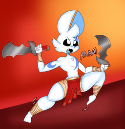 5_fingers anthro bandage bottomwear clothing fingers fur holding_melee_weapon holding_object holding_sword holding_weapon loincloth male melee_weapon solo sword tattoo weapon white_body white_eyes white_fur lokbunny17 god_of_war sony_corporation sony_interactive_entertainment lok_bunny lagomorph leporid mammal rabbit hi_res