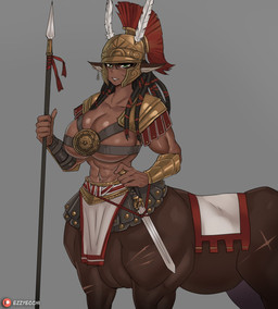 armor big_breasts breasts brown_body brown_fur brown_skin cleavage clothed clothing dreadlocks female female_taur fur green_eyes headgear helmet holding_object holding_weapon melee_weapon polearm scar solo spear sword weapon ezzyecchi european_mythology greek_mythology mythology centaur equid equid_taur humanoid_taur mammal mammal_taur taur 2021 hi_res