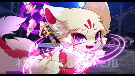 anthro big_eyes biped black_bars fur fur_markings kemono looking_at_viewer magic_user male markings open_mouth purple_eyes red_markings slim_anthro slim_male solo white_body white_fur yellow_body yellow_fur hlg7777 canid canine fox mammal 2021 letterbox