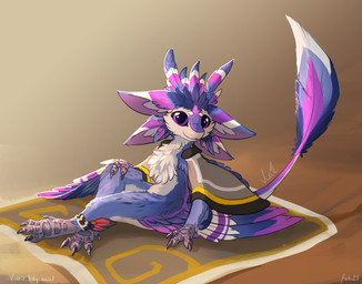 ambiguous_gender anthro clothing crossed_legs feathers hand_on_leg hand_on_thigh leg_accessory looking_at_viewer mat multi_ear pink_body pink_feathers purple_body purple_feathers sitting solo tail talon_hands winged_arms wings thyvixie azia_(aziazukra) avali hi_res signature