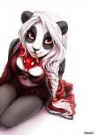 anthro asian_clothing biped black_body black_fur braided_hair breasts clothing east_asian_clothing female fur hair japanese_clothing jewelry kimono long_hair looking_at_viewer necklace pencil_(object) red_eyes sitting solo white_body white_fur white_hair shalinka shalinka_(character) bear giant_panda mammal 2016