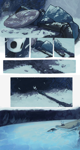 2_horns 7_panel_comic ambiguous_gender biped black_eyes cloak clothing corpse dragging duo floating_on_water hood horn lake partially_submerged plant shield water louysecosa hollow_knight_(franchise) team_cherry the_knight_(hollow_knight) tiso_(hollow_knight) arthropod vessel_(species) 2025 absurd_res comic hi_res
