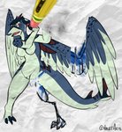 anthro beak breaking_the_fourth_wall breasts drawn_over feathered_wings feathers female non-mammal_breasts pencil_(object) solo wings halcy0n mythology avian bird fish gryphon hybrid marine mythological_avian mythological_creature shark hi_res sketch