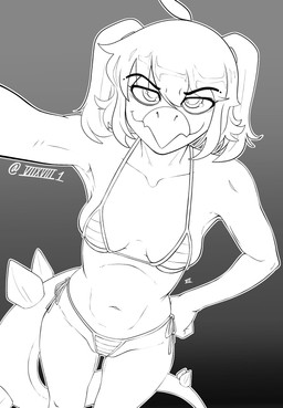anthro bangs beak bikini bikini_bottom bikini_top breasts clothed clothing eye_bags female hand_on_hip high-angle_view looking_at_viewer micro_bikini navel non-mammal_breasts non-mammal_navel pattern_clothing pigtails selfie simple_background skimpy skindentation slim small_breasts smile smiling_at_viewer solo spines striped_clothing stripes swimwear twintails_(hairstyle) two-piece_swimsuit seven_(artist) cavemanon_studios snoot_game cynthia_(snoot_game) dinosaur ornithischian prehistoric_species reptile scalie stegosaurian thyreophoran absurd_res hi_res monochrome