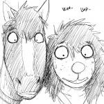 1:1 black_and_white bodily_fluids canid canine canis clothed clothing comic creepy dialogue domestic_dog duo english_text equid equine female hi_res hladilnik horse male mammal michelle_(hladilnik) monochrome scared simple_background sketch sweat text white_background will_(hladilnik) zebra