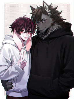anthro blue_eyes clothing duo gesture hand_gesture hoodie looking_at_viewer male male/male pink_body romantic romantic_couple smile topwear v_sign waist_grab agrixxx blue_(randombrosefy) shorty_(shortybuns) canid canine lagomorph leporid mammal rabbit 3:4 absurd_res hi_res