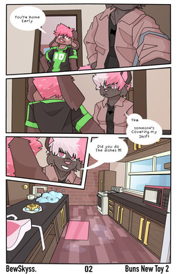anthro clothed clothing dialogue facial_tuft female freckled_face freckles kitchen male male/female text tuft bewskyss canid canine mammal absurd_res comic english_text hi_res