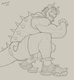 anklet anthro bottomwear bracelet chain chin_spikes clothed clothing collar crouching facial_spikes fangs footwear hair horn jewelry legband looking_at_viewer male male_anthro muscular muscular_anthro muscular_male narrowed_eyes open_mouth ridged_horn sandals shoes short_hair shorts side_view simple_background solo spiked_anklet spiked_bracelet spiked_collar spiked_legband spiked_vest spikes spikes_(anatomy) teeth topwear vest aduran mario_bros nintendo bowser dragon_koopa koopa scalie 2023 dated hi_res monochrome signature sketch