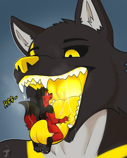 anthro bodily_fluids dripping duo extreme_size_difference glowing glowing_mouth male mouth_shot open_mouth oral_vore saliva saliva_drip saliva_on_tongue saliva_string sitting_on_tongue size_difference steam steamy_breath tongue tongue_around_body tongue_around_leg tongue_out vore yellow_internal arkailart canid canine canis fox mammal wolf 4:5 absurd_res hi_res