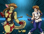 anthro breasts clothed clothing cosplay duo eye_contact female looking_at_another nipples torn_clothing desingahv art_of_fighting king_of_fighters kyoko yuri_sakazaki domestic_cat felid feline felis human mammal werecat werecreature werefelid werefeline