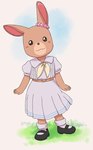 anthro belt clothed clothing dress female footwear jewelry necklace scarf shoes simple_background smile solo yamanokonza maple_town palm_town shin_maple_town_monogatari patty_(maple_town) lagomorph leporid mammal rabbit