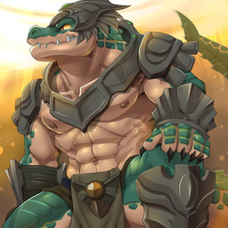 abs armor light light_beam male navel nipples patreon_logo red_eyes sky solo text yellow_sclera sollyz league_of_legends patreon riot_games tencent renekton crocodilian reptile scalie 1:1 2017 url