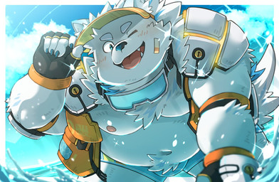 anthro bandage bandage_on_face belly blush bottomwear bulge clothing fur hat headgear headwear life_jacket male nipples one_eye_closed overweight shorts smile solo swimwear visor_cap water white_body white_fur wink kemo_nikomi lifewonders live_a_hero yohack canid canine canis domestic_dog mammal nordic_sled_dog samoyed spitz