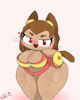 anthro big_breasts bikini biped blush bodily_fluids bottom_heavy breasts brown_hair brown_tail clothing curvy_figure eyebrows eyelashes eyewear eyewear_on_head female fur goggles goggles_on_head hair half-closed_eyes heart_symbol looking_at_viewer mechanical_arm narrowed_eyes open_mouth red_bikini red_clothing red_swimwear seductive short_hair simple_background solo swimwear tail text thick_thighs two-piece_swimsuit two_tone_bikini whiskers yellow_bikini yellow_clothing yellow_swimwear buttonskittycat gameoverse glitch_productions kit_bodega domestic_cat felid feline felis mammal 2026 digital_media_(artwork) english_text hi_res signature
