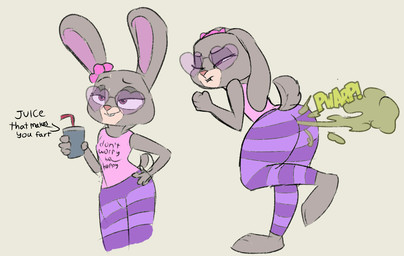 anthro beverage breasts butt clothing directional_arrow drinking_straw eyewear fart fart_cloud fart_fetish female fur grey_body grey_fur half-closed_eyes hand_on_hip heart_sunglasses heart_symbol narrowed_eyes raised_leg scrunchie scut_tail short_tail small_breasts smile smirk solo sound_effects sunglasses tail text thick_thighs topwear gassipon disney zootopia judy_hopps european_rabbit lagomorph leporid mammal oryctolagus rabbit english_text hi_res