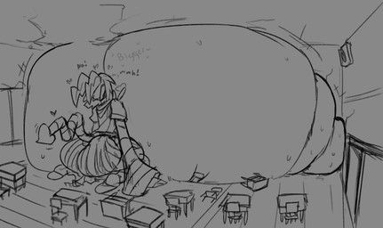 areola big_breasts big_butt bodily_fluids body_size_growth breast_expansion breasts butt chair classroom clothing cosplay damaged_building desk dialogue expansion female furniture heart_symbol horn huge_breasts huge_butt hyper hyper_breasts inside macro nipples pointed_tail room_filling school school_uniform sitting size_transformation solo sweat table text transformation uniform beepunz ellie_(beepunz) horned_humanoid humanoid absurd_res english_text hi_res monochrome