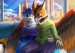 anthro blue_eyes city clothing duo evening feathers green_clothing green_eyes happy holding_each_other hug landscape male male/male one_eye_closed pockets purple_clothing seat sitting smile tail train traveling vehicle wings wink corbin_(roscy) mythology avian bird canid canine corvid corvus_(genus) crow dinosaur dromaeosaurid fox gryphon hybrid lagomorph leporid mammal mythological_avian mythological_creature oscine passerine prehistoric_species rabbit reptile scalie theropod hi_res