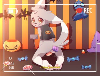 anal anal_penetration anthro balls camera_view candy cape clothing dessert dialogue exhibitionism fluffy fluffy_tail food footwear fruit genitals holidays kneeling leash legwear lollipop looking_at_viewer looking_back male open_mouth penetration penis plant plushie pumpkin recording sex_toy shota smile socks solo tail text voyeur young young_anthro nash_(artist) halloween nintendo pokemon generation_1_pokemon generation_3_pokemon generation_5_pokemon gengar minccino pokemon_(species) shuppet english_text