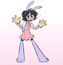 anthro black_hair bob_cut bow_(feature) clothing dress female gloves gradient_background hair handwear pink_clothing pink_dress purple_body rabbit_ears scut_tail short_tail simple_background smile smiling_at_viewer solo tail yellow_clothing yellow_gloves yellow_handwear yellow_neckwear yellow_sclera melifloppy glitch_productions the_amazing_digital_circus gooseworx's_post-transition_jax_design jax_(tadc) lagomorph leporid mammal rabbit hi_res trans_(lore) trans_woman_(lore)