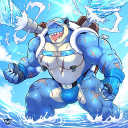 abs action_pose anthro anthrofied areola barazoku barbell_piercing biceps big_bulge big_muscles big_pecs biped black_nipples blue_background blue_body blue_clothing blue_eyes blue_jockstrap blue_skin blue_underwear bottomwear bulge clothed clothing deltoids detailed_background fin fingerless_gloves fist front_view gloves grin handwear humanoid_hands jockstrap male mega_stone monotone_clothing monotone_gloves monotone_handwear multicolored_body multicolored_jockstrap muscular muscular_anthro muscular_arms muscular_male muscular_thighs navel nipple_dip nipple_piercing nipples obliques outside pecs piercing pose quads scar scars_all_over sea serratus simple_background sky smile solo speedo speedo_only standing stocky swimming_in_underwear swimwear topless trapezius triceps underwear water wet wet_body uobih nintendo pokemon fan_character amphibian blastoise generation_1_pokemon pokemon_(species) 1:1 2026 character_request digital_drawing_(artwork) digital_media_(artwork) hi_res