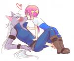 anthro blush clothing duo eyes_closed female fur grey_body grey_fur hair heart_symbol human_on_anthro interspecies kissing male male/female pink_hair school_uniform simple_background uniform white_background white_hair yoshizoe_eiko pretty_cure smile_pretty_cure hoshizora_miyuki wolfrun canid canine canis human mammal wolf 2012