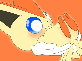 2_toes ambiguous_gender big_ears black_nose blue_eyes blush butt butt_grab butt_wings cute_fangs fangs feet feral hand_on_butt looking_away lying orange_background simple_background smile solo teeth toes unusual_wing_placement wings ritoning8810 nintendo pokemon anon generation_5_pokemon human legendary_pokemon mammal pokemon_(species) victini 2019 4:3 digital_media_(artwork)