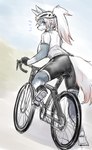 anthro armor bicycle bottomwear butt clothing cycling female footwear headgear helmet looking_back outside shoes shorts solo spandex spandex_shorts tight_bottomwear tight_clothing tight_shorts vehicle ookamiwaho okami_bark canid canine canis mammal wolf hi_res