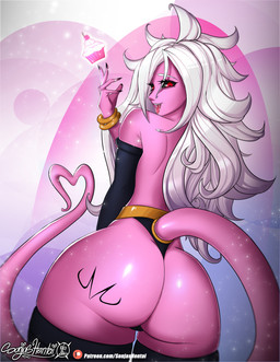abstract_background arm_warmers armwear bare_shoulders big_butt black_nails black_sclera bodily_fluids bracelet butt cherry clothed clothing colored_nails cupcake dairy_products drooling female food fruit gesture gold_(metal) gold_jewelry hair heart_symbol jewelry legwear long_hair looking_back nails not_furry pink_body pink_skin pink_tail plant red_eyes saliva skimpy skindentation smile solo tail tail_gesture tail_heart text thigh_highs tongue tongue_out whipped_cream white_hair sonjashentai dragon_ball dragon_ball_fighterz android_21 majin_android_21 alien alien_humanoid humanoid majin 2018 absurd_res hi_res url