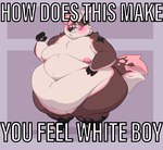 anthro belly big_belly blush brown_body brown_fur brown_tail embarrassed fur gloves_(marking) hair huge_belly leg_markings male markings moobs morbidly_obese mouth_closed navel nude obese overweight overweight_anthro overweight_male pink_hair pink_markings pink_tail racism simple_background socks_(marking) solo standing tail white_body white_fur white_hair white_tail 67marshmallows holiday_(holidaysoftfox) canid canine fox mammal full-length_portrait hi_res meme portrait