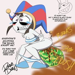 anthro beach being_watched bikini bikini_down bodily_fluids bottomwear brown_fart_cloud clothed clothing clown clown_makeup clown_nose diarrhea duo fart fart_cloud feces feces_in_ass female food fruit looking_at_another male melon mocking panties panties_down partially_clothed pattern_bikini pattern_bottomwear pattern_clothing pattern_panties pattern_swimwear pattern_underwear plant pooping pooping_in_container sharp_teeth shart smile stomach_ache striped_bikini striped_bottomwear striped_clothing striped_panties striped_swimwear striped_underwear stripes swimwear tears teasing teeth text two-piece_swimsuit underwear underwear_down watermelon ronindraw glitch_productions the_amazing_digital_circus jax_(tadc) pomni_(tadc) humanoid lagomorph leporid mammal rabbit 1:1 english_text hi_res
