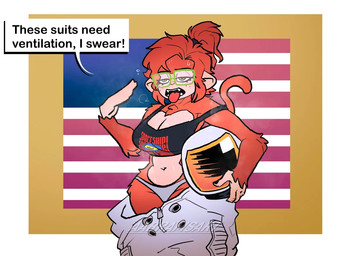 abstract_background anthro astronaut big_breasts bodily_fluids breasts brown_body brown_fur brown_hair cleavage clothed clothing crop_top curvy_figure dialogue eyewear female freckled_face freckles fur glasses green_eyes grey_clothing grey_panties grey_underwear hair hourglass_figure long_tail multicolored_body multicolored_fur navel off_shoulder open_mouth panties ponytail rectangular_glasses shirt skimpy small_waist solo spacesuit sweat sweatdrop tail tan_body tan_fur text tongue tongue_out topwear two_tone_body two_tone_fur underwear voluptuous voluptuous_anthro voluptuous_female aabramsart lego the_lego_movie benny_(the_lego_movie) haplorhine mammal monkey primate 2025 artist_name digital_drawing_(artwork) digital_media_(artwork) english_text watermark