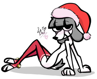 anthro breasts butt christmas_clothing clothing feet female footwear fur grey_body grey_fur holidays legs_up legwear looking_at_viewer naughty_face red_clothing red_footwear red_socks sitting slim smile smug_face socks solo thigh_highs la_tiapat christmas fifi_(somemf) absurd_res hi_res