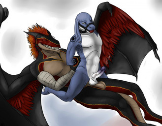 abdominal_bulge anal anal_penetration anthro ball_gag balls balls_touching bdsm biceps big_muscles black_body black_horn bodily_fluids bondage bound clenched_teeth cum cum_while_penetrated cumshot dominant dominant_male duo ejaculation erection eyes_closed feathered_wings feathers gag gagged genital_fluids genitals glans hair halter hands-free harness harness_ball_gag harness_gag horn humanoid_genitalia humanoid_penis interspecies kneeling larger_dom lying male male/male male_on_bottom male_on_top male_penetrated male_penetrating male_penetrating_male membrane_(anatomy) membranous_wings muscular muscular_male muzzle_(object) muzzled nude on_back on_bottom on_top orgasm pecs penetration penis reverse_cowgirl_position sex size_difference smaller_penetrated spread_wings submissive submissive_male tail tattoo teeth wings luca~ final_fantasy mythology square_enix sulfer thrakos bangaa dragon mythological_creature mythological_scalie reptile scalie