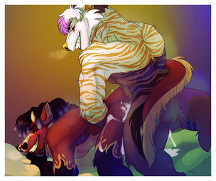 anal anal_penetration anthro anthro_on_anthro anthro_penetrated anthro_penetrating anthro_penetrating_anthro arm_tuft balls biped black_body black_eyebrows black_fur black_hair bodily_fluids border cheek_tuft cum cum_in_ass cum_inside cum_on_leg dreadlocks duo ear_piercing ear_ring eyebrows facial_tuft flame_markings fur fur_markings genital_fluids genitals grey_inner_ear_fluff grin hair horn inner_ear_fluff male male/male male_penetrated male_penetrating male_penetrating_male markings muscular muscular_anthro muscular_male narrowed_eyes neck_tuft orange_body orange_fur orange_nose orange_stripes penetration perineum piercing pink_hair red_body red_ears red_fur red_tail ring_piercing sex short_hair short_horn shoulder_tuft side_view small_horn smile stripes tail teeth tuft white_balls white_body white_border white_fur white_hair white_perineum yellow_body yellow_fur yellow_horn yellow_markings yellow_tail ninetht digital_media_(artwork)