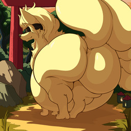 ambiguous_feral ambiguous_gender belly big_belly big_butt big_tail blindfold blonde_hair brown_nose butt candle day detailed_background feral fluffy fluffy_tail forest fur hair head_tuft huge_belly huge_butt light mane mane_hair monotone_body monotone_fur monotone_tail multi_tail obese obese_ambiguous obese_feral outside overweight overweight_ambiguous overweight_feral plant presenting presenting_hindquarters quadruped raised_tail rear_view smile snout solo tail thick_thighs torii tree tuft wide_hips yellow_body yellow_ears yellow_fur yellow_tail garuda_six nintendo pokemon adriana_(notanybodyyouknow) canid canine generation_1_pokemon mammal ninetales pokemon_(species) 1:1 colored digital_media_(artwork) full-length_portrait lighting portrait shaded female_(lore)