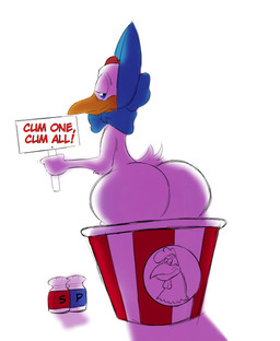 anthro avian_caruncle big_butt blue_eyes bow_(feature) bow_tie bucket butt comb_(anatomy) container female head_crest looking_at_viewer looking_back parody seductive sign solo crazykat kfc looney_tunes warner_brothers foghorn_leghorn miss_prissy avian bird chicken galliform leghorn_chicken phasianid absurd_res hi_res