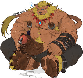 5_toes accessory anthro armpit_hair barazoku beard belt biceps big_penis black_clothing blonde_hair blue_eyes bodily_fluids body_hair bottomwear bottomwear_down brown_body brown_genitals brown_nipples brown_penis chest_hair claws clothed clothing ear_piercing ear_ring erection facial_hair feet foreskin fur genital_fluids genital_piercing genitals hair happy_trail huge_penis humanoid_genitalia humanoid_penis jewelry leather male mane masturbation musclegut muscular muscular_anthro muscular_male necklace nipple_piercing nipple_ring nipples pants partially_clothed partially_retracted_foreskin pawpads paws pecs penile penile_masturbation penis penis_accessory penis_piercing piercing precum prince_albert_piercing pubes ring ring_(jewelry) ring_piercing scar simple_background sitting solo sweat tail teeth thick_penis toe_claws toes topless tuft underwear vein veiny_penis white_background rubberbark bandai_namco digimon digimon_(species) felid leomon mammal hi_res