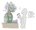 anthro barista cash_register clothed clothing coffee_cup container cup dialogue disappointed holding_container holding_cup holding_object machine male solo synthetic text 1oi conditional_dnp i_mean_breast_milk starbucks anon android robot synth_(vader-san) english_text hi_res meme