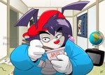 anthro blue_clothing blue_hoodie blue_topwear chopsticks clothing electronics food fur globe gloves handwear heart_symbol hoodie looking_at_viewer male natto purple_body purple_fur red_cap red_nose solo television topwear white_clothing white_gloves white_handwear kiseki_art animaniacs animaniacs_(2020) anime-aniacs hulu warner_brothers minerva_mink wakko_warner inkblot mammal mink mustelid musteline true_musteline 2022 signature