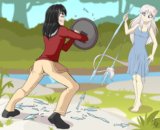 accessory black_hair butt clothed clothing dress duo facial_hair female flower flower_in_hair hair hair_accessory male mustache outside plant rear_view shield tail tail_tuft tuft fuf mythology chalcy_(tanenjo) animal_humanoid dragon dragon_humanoid human humanoid mammal mythological_creature mythological_scalie scalie tailed_humanoid hi_res