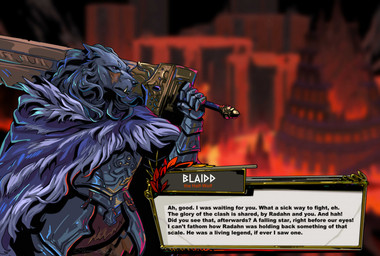 anthro armor biped black_sclera breastplate cloak clothing dialogue facial_scar fangs fur gauntlets gloves grey_body grey_fur handwear holding_melee_weapon holding_object holding_sword holding_weapon male male_anthro melee_weapon purple_eyes scar solo sword sword_on_shoulder tassets teeth text text_box vambrace weapon creepy_gun elden_ring fromsoftware hades_(game) blaidd_(elden_ring) canid canine canis mammal wolf 2025 digital_media_(artwork) english_text hi_res