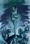 anthro bottomless bottomwear clothed clothing female grass hanging_by_feet hanging_from_branch hoodie hoodie_only pants paws plant red_eyes solo topwear topwear_only tree upside_down wings peachmayflower senka_stargazer bat demon mammal absurd_res hi_res