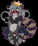 anthro belly big_belly blush breasts brown_eyes clothing crown female fur grey_body grey_fur grey_hair hair headgear navel overweight overweight_female potbelly simple_background solo super_crown torn_clothing transparent_background inuki mario_bros nintendo trash_inu mammal procyonid raccoon 2018 alpha_channel hi_res