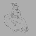 anthro belt belt_bra belted_breasts big_breasts biped breasts claws clothed clothing dress fangs feet female fluffy fluffy_ears fluffy_tail fur hair hands_folded hands_in_lap huge_breasts looking_at_viewer muscular muscular_anthro muscular_female neck_tuft nipple_outline nipples shirt simple_background sitting solo tail teeth teeth_showing toe_claws toes topwear tuft vest xxsnake_spiderxx canid canine canis mammal wolf 1:1 absurd_res hi_res monochrome